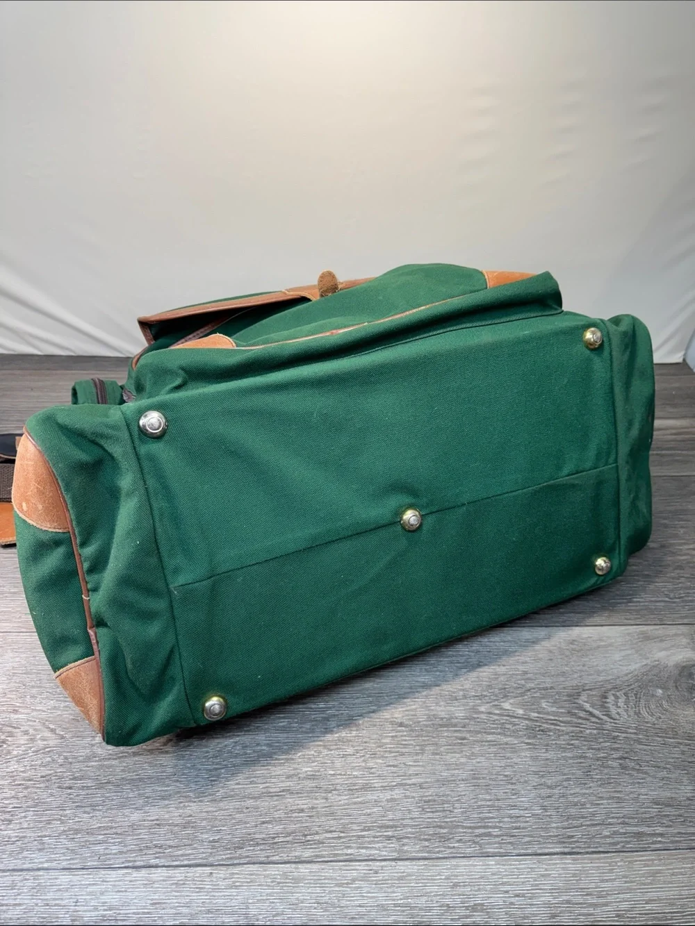 LL bean Green Canvas & Brown Leather Travel Duffel Bag